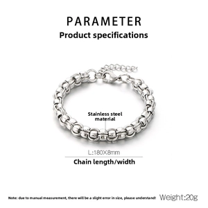 Detailed view of silver stainless steel chain bracelet with lobster clasp and sizing specs