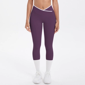 Pantalon de yoga violet à taille haute croisée et coupe élastique pour le fitness
