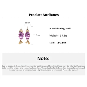 Detailed size chart for oversized fish-shaped earrings with purple shell sequins and gold alloy