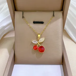 Cherry Pendant Necklace Stainless Steel Chain Copper Red Crystal White Zircon Sweet Elegant Fashion Jewelry For Women
