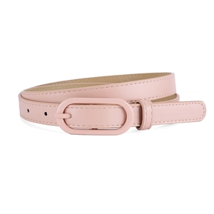 Pink macaron synthetic leather skinny belt for women with matching oval wrapped buckle