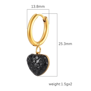 18K gold plated stainless steel hoop earrings with black diamond heart charms and dimensions