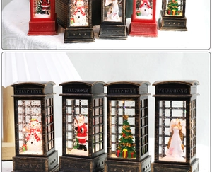 Detail of vintage Christmas telephone booth lanterns with glowing light and glitter snow