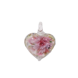 Handmade heart-shaped glass pendant with pink flower petal and gold foil inclusions