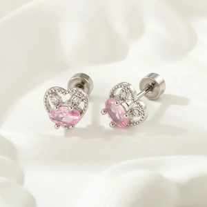 Pink Heart Rabbit Cartilage Stud Earring Titanium Steel Zircon Screw Back Piercing Jewelry For Women