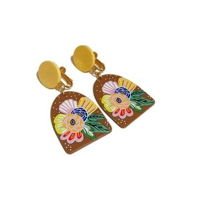 Asymmetric floral oil-drop clip-on earrings with colorful hand-painted flower patterns