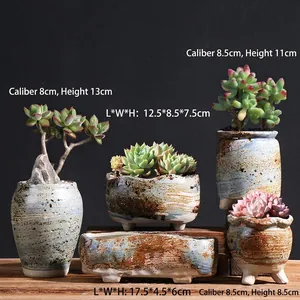 Detailed size guide for 5-piece set of vintage ceramic succulent pots with grainy glaze