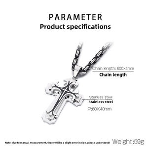 Detailed view of heavy stainless steel cross pendant with dimensions 60x40mm and 600mm chain