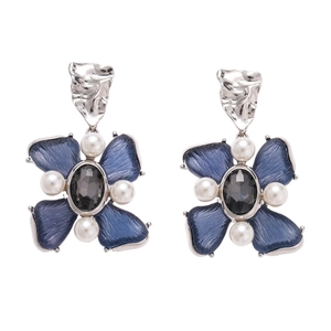Retro resin flower drop earrings with blue petals, small pearls and a dark crystal center