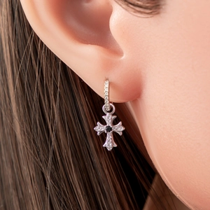 Silver cross drop earrings with black gemstone and sparkling zircons in retro style