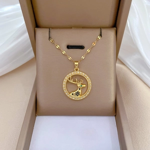 Stag Deer Head Pendant Necklace Stainless Steel Chain Copper Zirconia Luxury Elegant Jewelry For Women
