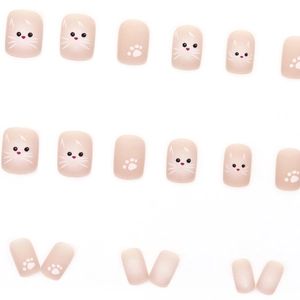 Pink blush cat-themed press-on nails with matte finish and cute paw print designs