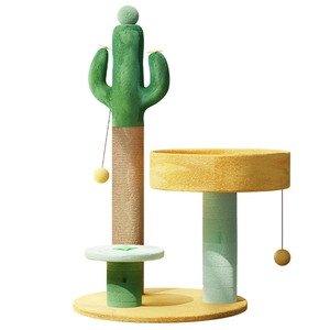 Sunflower cactus cat tree with sisal scratching posts and yellow interactive hanging balls