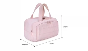 Detailed size view of the large pink quilted puff makeup bag with dimensions 31x21x19.5cm