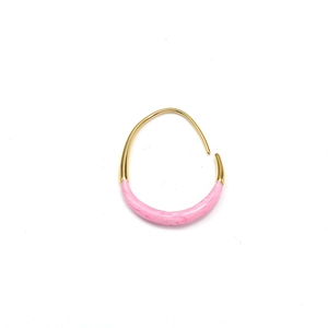 Close-up of gold U-shaped earring with pink marble enamel texture on white background