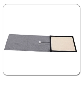 Detail of grey fabric and sisal scratching surface with an attached white plush ball toy