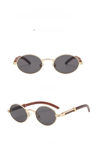 Detailed front and side views of vintage round gold frame sunglasses with wood grain temples