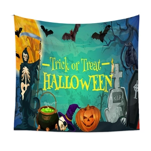 Detailed view of Halloween tapestry featuring Trick or Treat text and pumpkin motifs