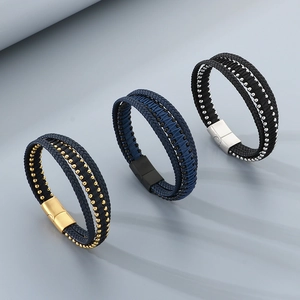 Multi-layer braided leather bracelet with metal beads and magnetic clasp in three colors