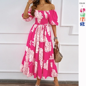 Robe Maxi Fleurie Polyester Épaules Dénudées Manches Bouffantes Taille Élastique Bohème Vacances Été Femme