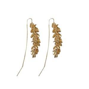 Elegant gold-plated wheat ear tassel drop earrings with a long hanging chain style