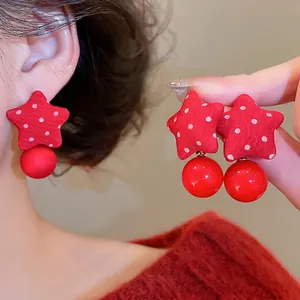 Red Fabric Polka Dot Star Dangle Earrings With Silver Earring Post Round Acrylic Bead Drop Sweet Christmas Jewelry Women