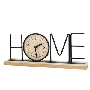 Creative black metal HOME sign table clock with natural wooden base for home office decor