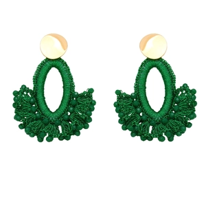 Bohemian forest green and gold beaded fan-shaped fringe earrings for women
