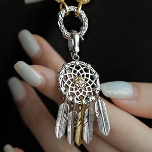 Dreamcatcher Pendant Necklace Copper Feather Hollow Dual Tone Silver Gold Plated Vintage Ethnic Fashion Jewelry For Women