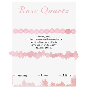 Detailed view of Rose Quartz beaded and irregular chip bracelets on display card