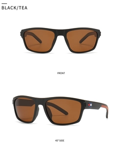 Détail de lunettes TR noir mat avec verres thé et logo tricolore sur les branches