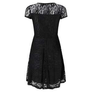 Detailed back view of a black lace mini dress with short sleeves and floral pattern