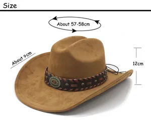 Größentabelle für braunen Cowboyhut aus Wildlederimitat mit 9 cm Krempe und Türkis