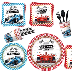 Racing themed party supplies set with plates and cups featuring Speed Race Track design
