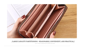 Macro shot of large capacity long wallet interior with card slots and zipper pocket