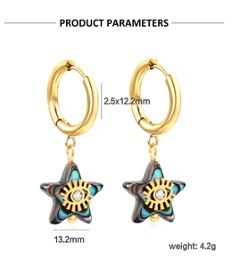Detail showing gold stainless steel hoop earrings with iridescent abalone shell star charms