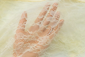 Close-up of beige floral lace fabric with intricate mesh cut-outs and transparent texture