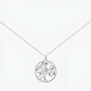 Tree Of Life Necklace 925 Sterling Silver Colorful Cubic Zirconia Round Hollow Pendant Elegant Jewelry For Women