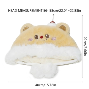 Detail view of plush bear hat showing size dimensions 56-58cm and cherry bear embroidery
