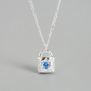 925 Sterling Silver Blue Heart Rhinestone Lock Pendant Necklace Fashion Simple Sweet Clavicle Chain For Women Jewelry Gift