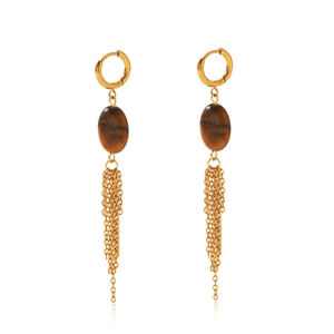 Vintage gold tassel earrings featuring oval tiger eye stones in a retro luxury style