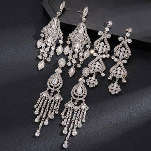 Elegant rhinestone flower tassel earrings with luxury silver finish for evening party wear