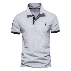 Light grey slim fit men's pique polo shirt with navy contrast collar and deer embroidery