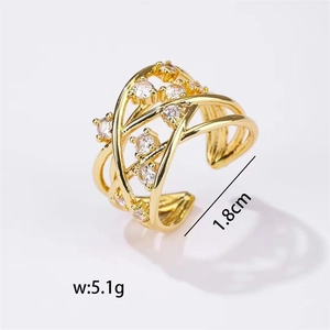 Macro view of gold multilayer crossover ring with zircon inlay, size 1.8cm weight 5.1g