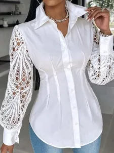 Slim fit white shirt with elegant lace crochet long sleeves and button-down collar