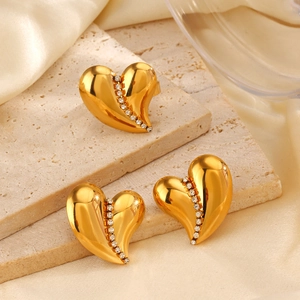 Heart Jewelry 18K Gold Plated Stainless Steel Rhinestone Stud Earrings And Ring Fashion Minimalist Women