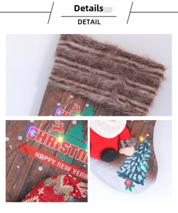 Détail de chaussette de Noël avec lumières LED, bordure peluche et poupée Père Noël 3D