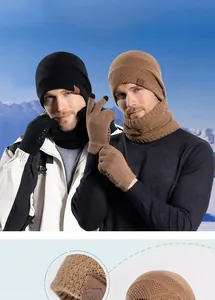 Close-up of knit winter set with thick plush lining and touch screen gloves
