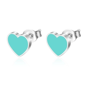 Minimalist stainless steel heart stud earrings with tiffany blue enamel in silver finish