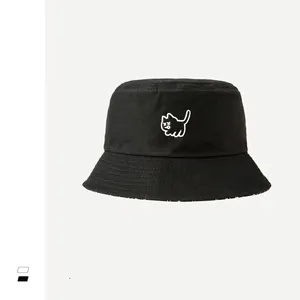 Cotton Reversible Bucket Hat Cat Embroidery Cartoon Print Sun Protection Casual Streetwear Fisherman Cap Unisex